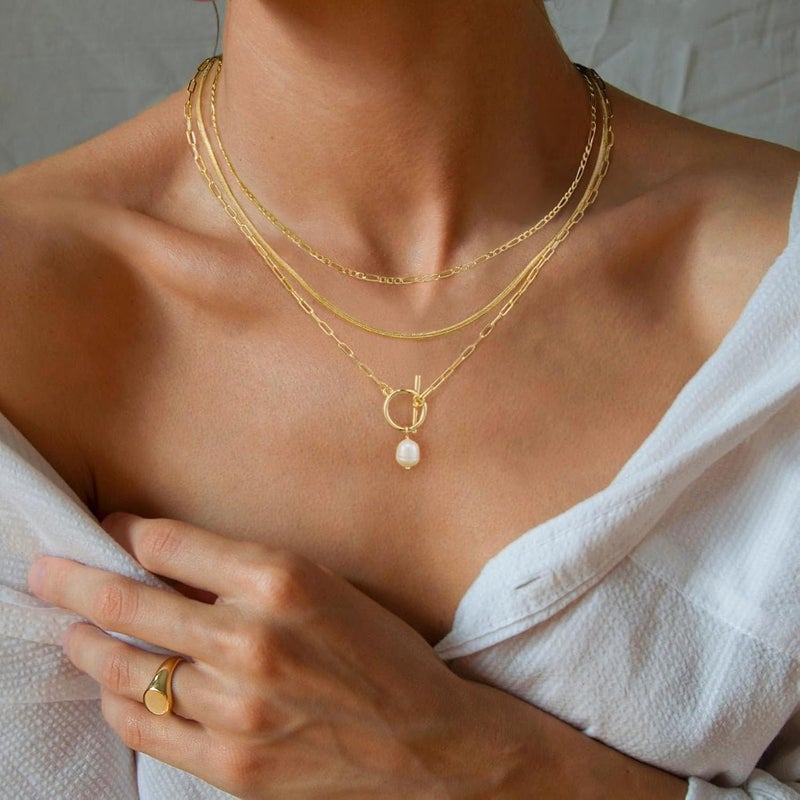 MFRYK Gold/Silver Necklaces Stack For Women,14K Gold/Sterling Silver Plated Simple Layered Choker Necklaces For Women,Stackable Multilayer Pearl Cross Disc Circle Pendant Cuban Herringbone Snake Paperclip Chain Necklaces Set Jewelry Gift for Women - Image 3